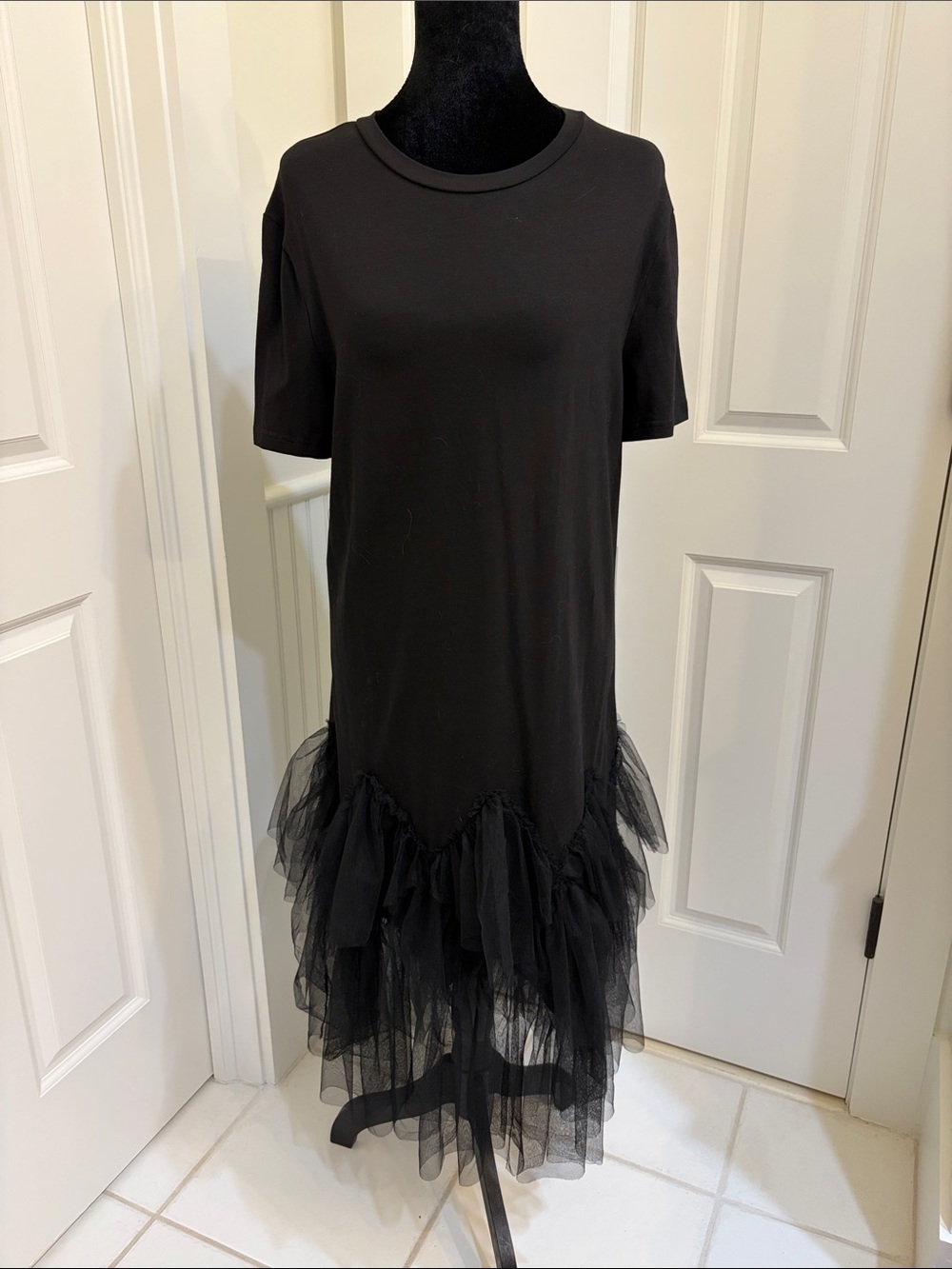Black Knit Tulle Hem Short Sleeve T Shirt Dress Size S